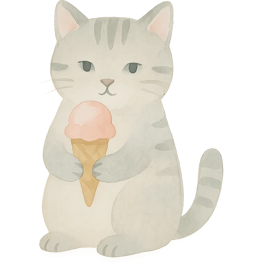 realistic cat with an ice cream, watercolor style emoji
