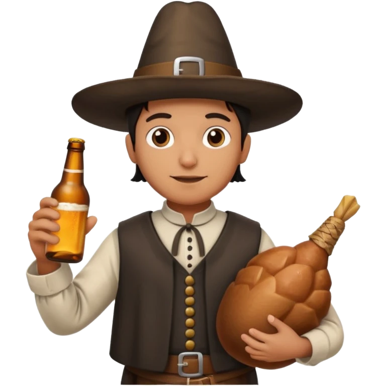 Mexican mandressesd as  pilgram Thanksgiving holding a Turkey drumstick and a bottle beer emoji
