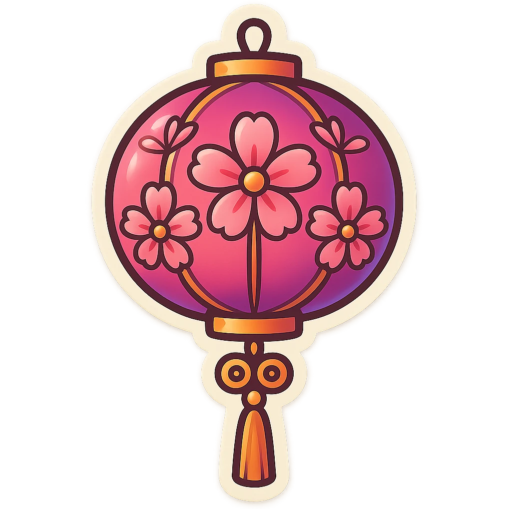 Create a cute and beautiful Chinese lantern with flowers, similar to the reference image in the top row left. Use the retro-stickers style with clean lines, soft shapes, pastel and pink shades. The background should be transparent. emoji