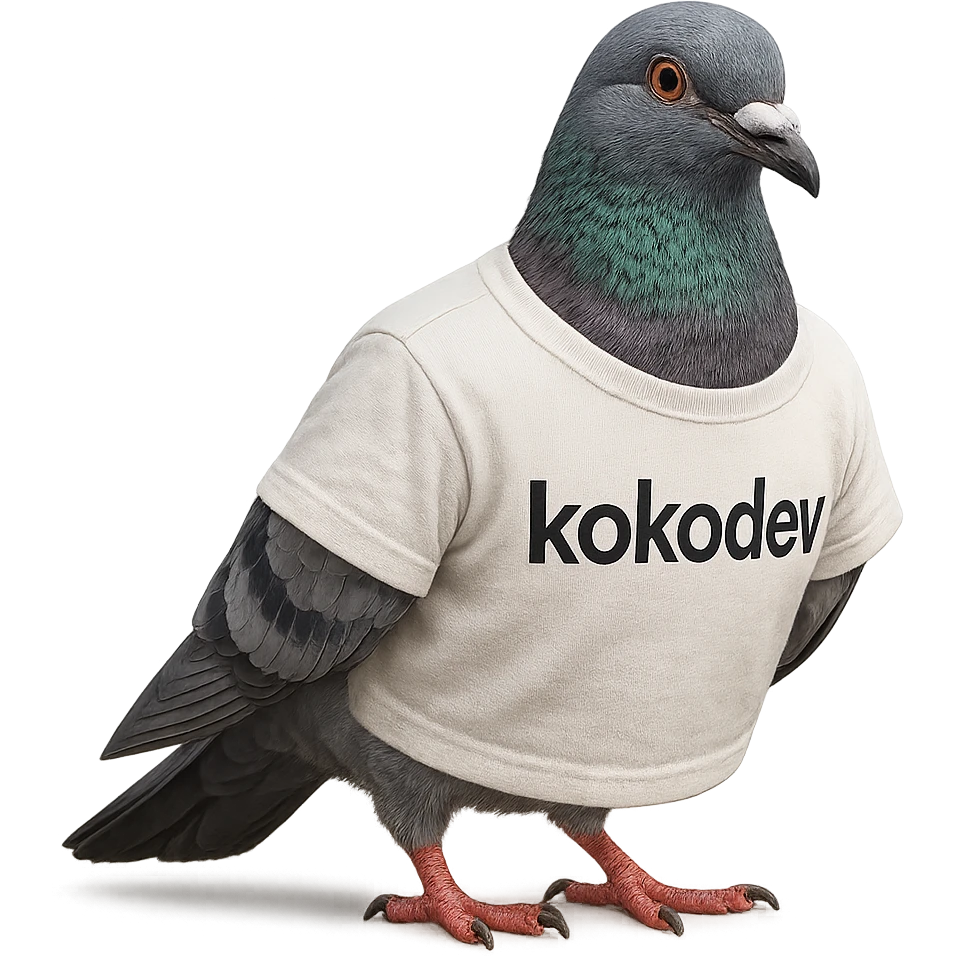 a realistic pigeon wearing a t-shirt with the text 'kokodev' on it, clear and readable, photorealistic, detailed feathers and fabric, natural colors, natural pose emoji