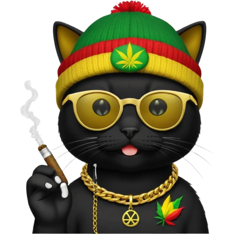 A black cat wearing the deal with it shades and a rasta beanie and smoking a joint and wearing a gold chain that says 420 and the words High Time at the top of the image emoji