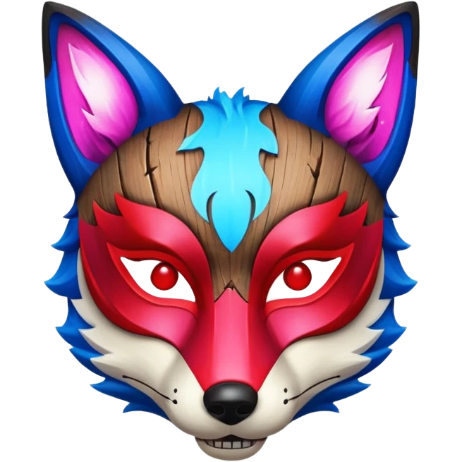 Ancient wooden mask, split in half, luminous and neon with red, blue and pink fox-like glow. emoji
