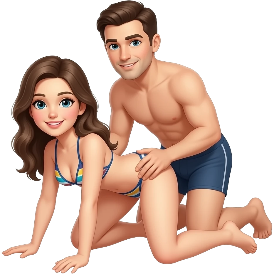 fille à quatre pattes en bikini les jambes écartées avec un homme en slip derrière elle qui tiens le coup de la femme  avec une main sur la hanche de la femme emoji