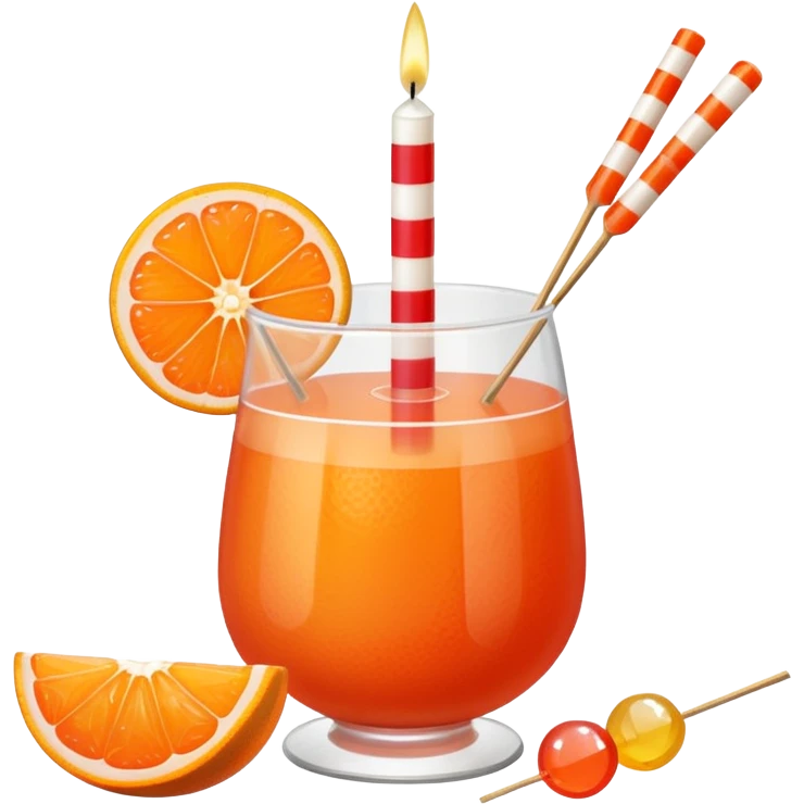 An orange grapefruit, with a horizontal red stripe around the middle. 4 vertical cocktail sticks in the orange with small pieces of candy on the sticks. On top of the orange a small white lit candle. emoji