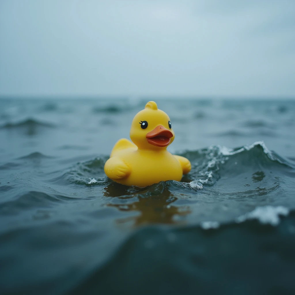  Cinematic still, Extreme Closeup shot of Yellow duck toy on ocean during cloudy day, stormy sea, Camera from top, inspired by interstellar emoji