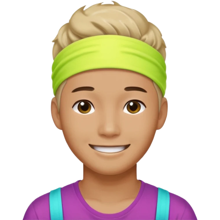 Korean 27-year-old male health coach / Wearing fluorescent colors / White face / Hairband / Smiling expression / Short hair / emoji