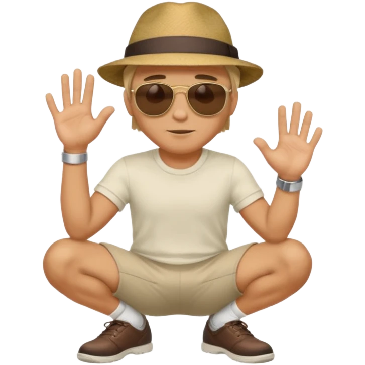 A man squatting down and holdig his hand flat a bit above the ground emoji