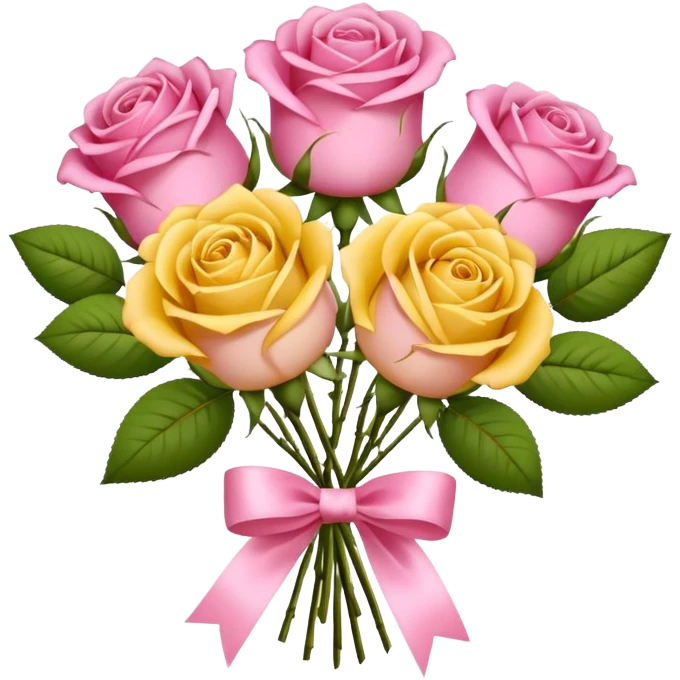 A bouquet of flowers, composed of pink and yellow roses, four blooms in total, tied with ribbon. emoji