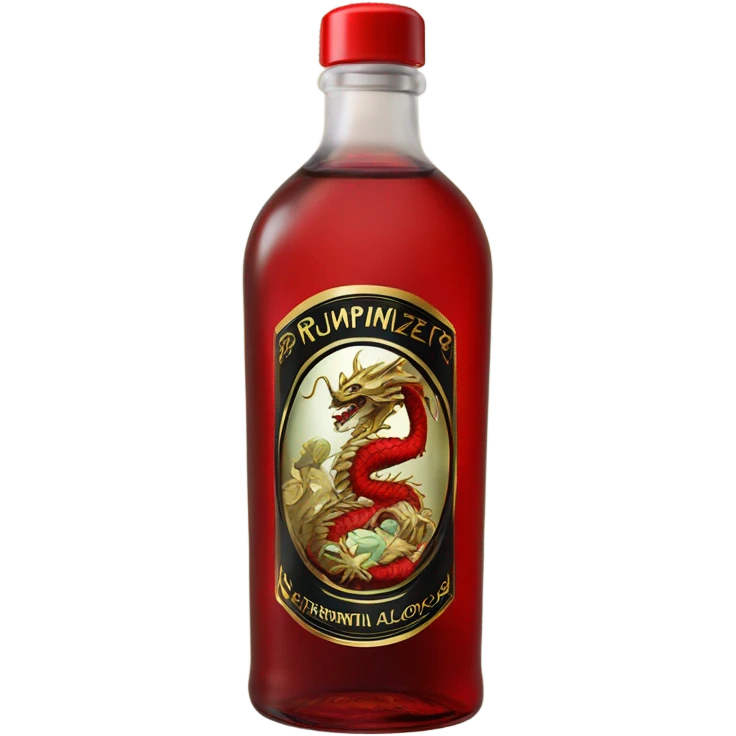 clear bottle of rumpleminze peppermint alcohol with a black and red label that has a gold dragon on the label emoji