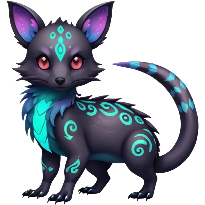 Rare neon iridescent white exotic cute epic aesthetic gothic colorful Salandit-Eevee-Civet-species-Fakemon-hybrid-creature, with intricate tattoo markings, full body emoji
