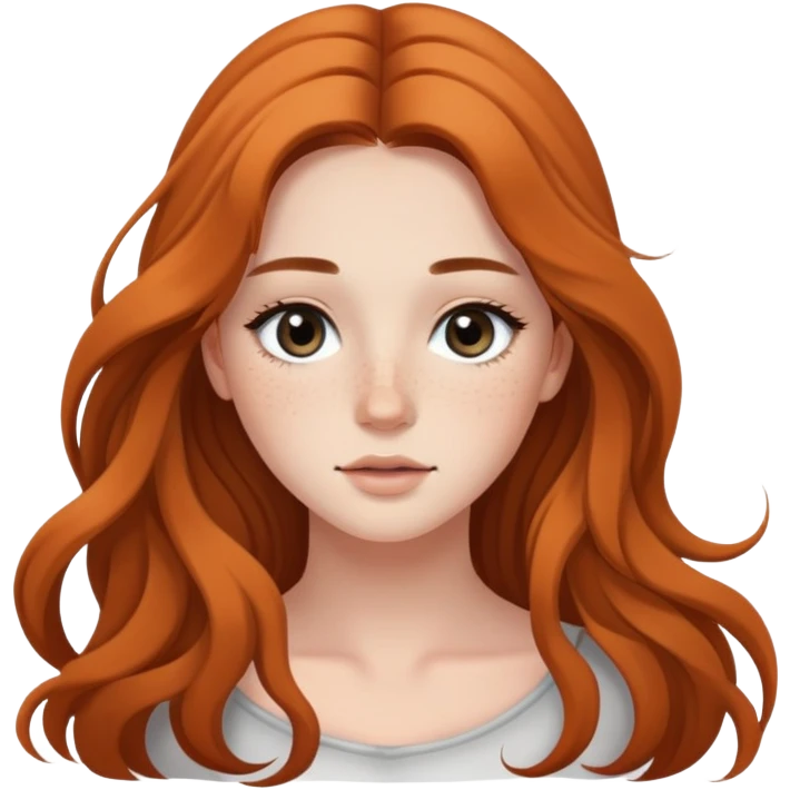 young woman with flowing long hair, dark black eyes, natural makeup, and cute freckles emoji