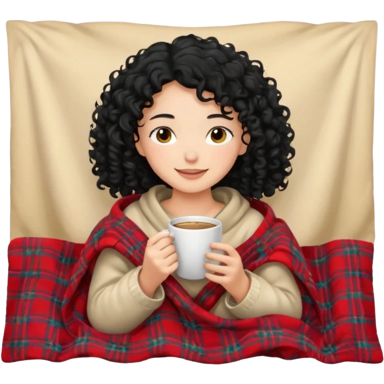 girl with black curly hair inside a blanket sipping coffee eyes closed emoji