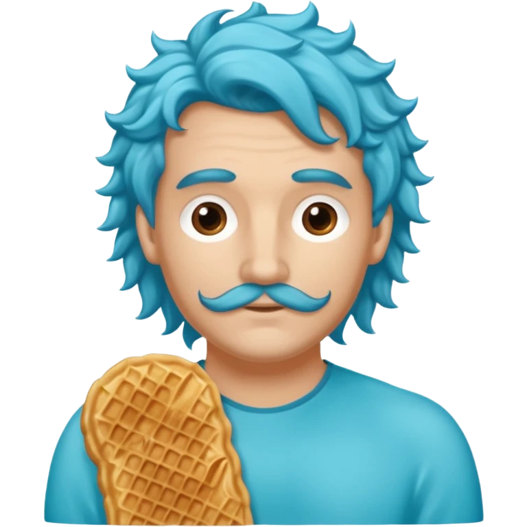 Crée un homme sirène avec une queue bleu turquoise et des long cheveux bouclé chatin en train de manger une gaufre  emoji