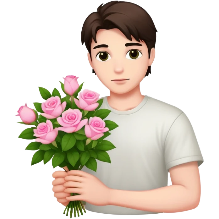 A cool bad boy with fair skin holding a bouquet of pink jasmine roses emoji
