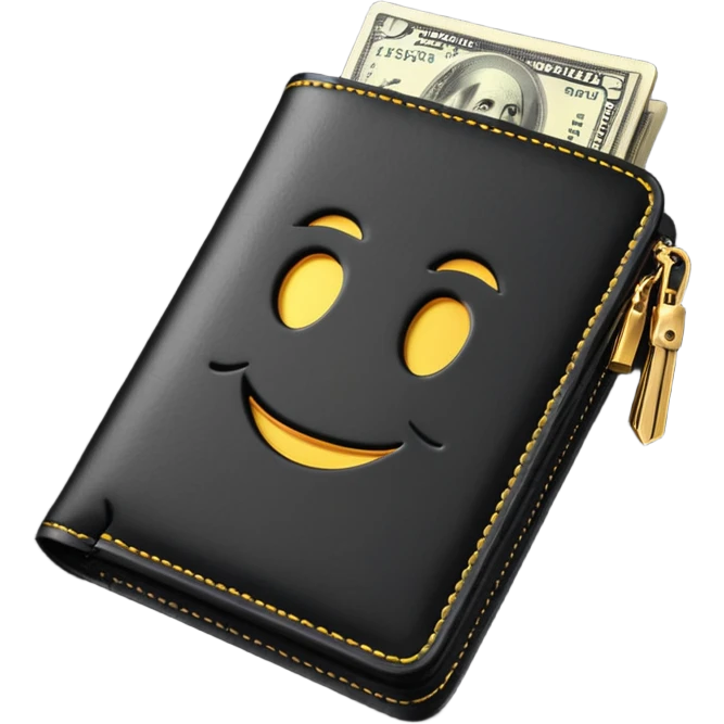 Rich emoji style black leather wallet with dollar bills, luxury money vibe, premium 3D emoji, ultra clean, high detail, no background
 emoji