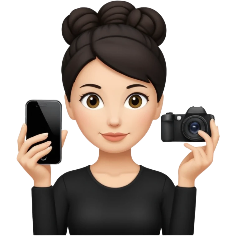 48 year old woman photographer with dark hair in a bun, wearing black clothes emoji