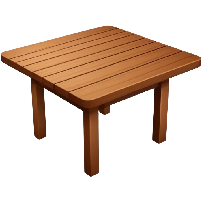 Generate a 3D  table in the same style as the referenced chair image: warm brown wood, subtly textured, slightly angled perspective, clean edges, realistic but minimal shading, on a transparent or plain white background. Keep the design simple and clearly readable at small sizes emoji