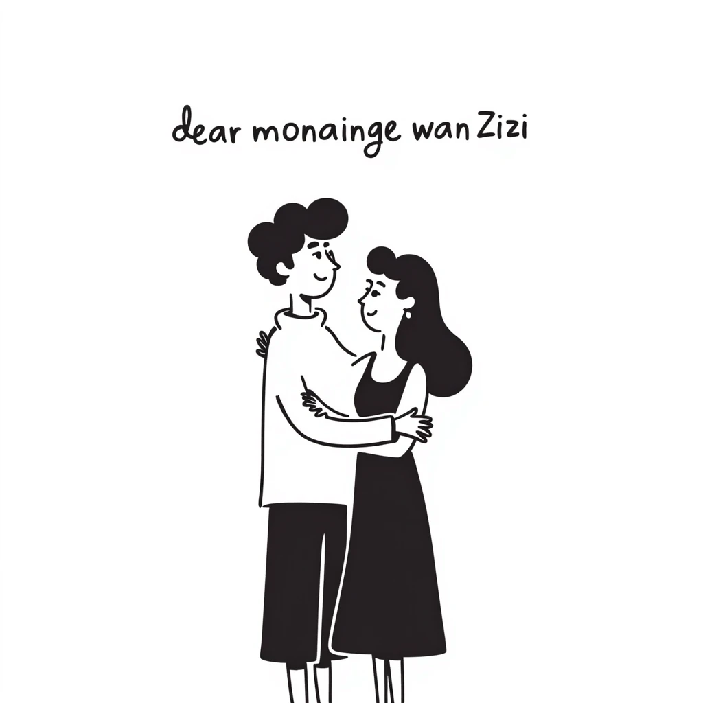 person hugging girlfriend, with text 'dear monainge wan Zizi' emoji