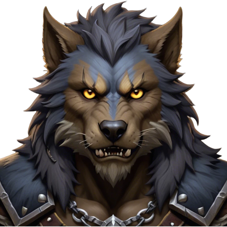 Cinematic Realistic WoW Worgen Portrait, depicted as a fearsome blend of man and beast, with rugged, dark fur intermingling with tanned, weathered skin. His piercing amber eyes and fierce expression are framed by disheveled hair and subtly detailed, worn leather attire in dark, consistent hues. Rendered with lifelike texture and dramatic, natural lighting, high shine, noble and formidable, capturing the primal nobility of a legendary worgen warrior. emoji