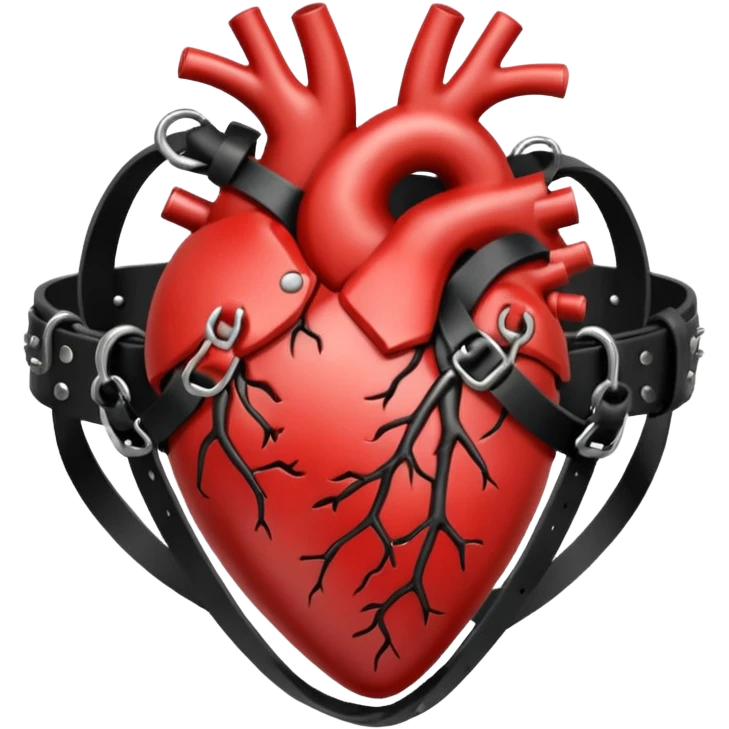 Human heart wrapped in tight leather straps, metal buckles, fetish gothic aesthetic emoji