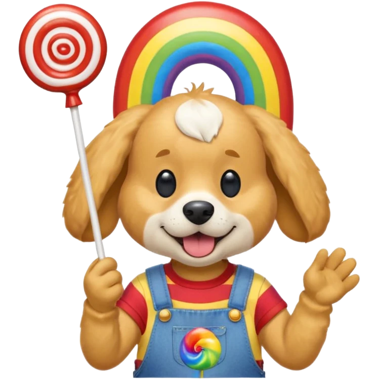 Generate a emoji of a dog with a comically large rainbow swirly lollipop with a goofy silly propeller hat, make the dog wear a striped bright yellow, red, and blue shirt with jean overalls emoji