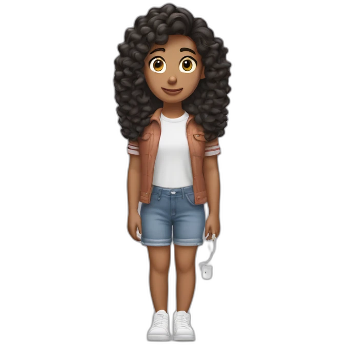 Adolescente morenita pelo ondulado y largo y con airpods emoji