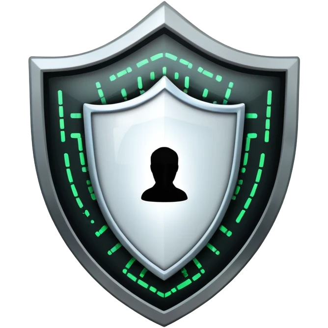 An icon featuring a shield with a digital lock, binary code, and a hacker silhouette in the background, symbolizing cybersecurity. The design includes firewalls, encrypted data streams, and warning alerts. Transparent background highlights protection of digital systems and information. emoji