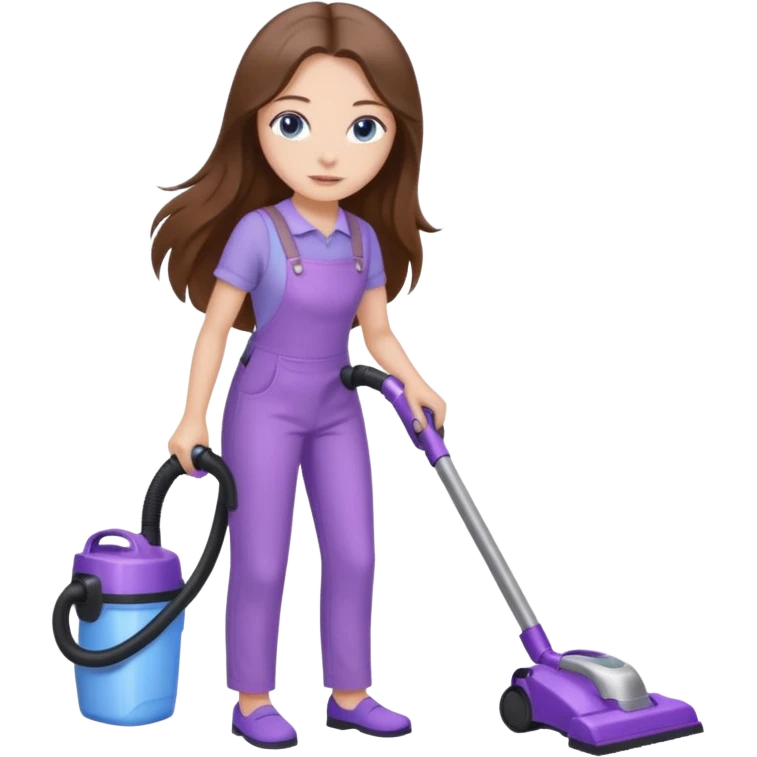 beautiful girl with long brown hair, blue eyes and wearing light purple clothes, cleaning and vacuuming emoji
