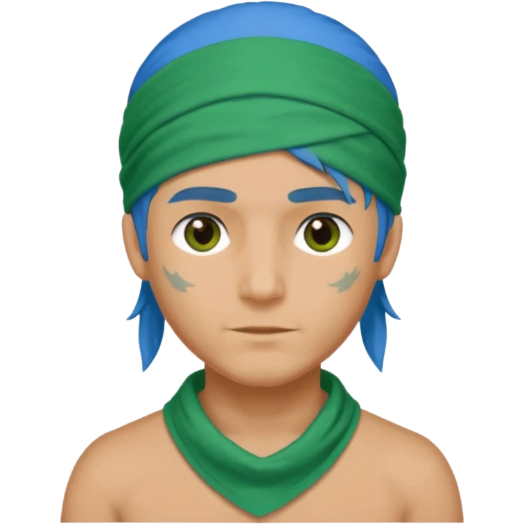 a man with half long blue hair, half short green hair and wearing head bandana emoji