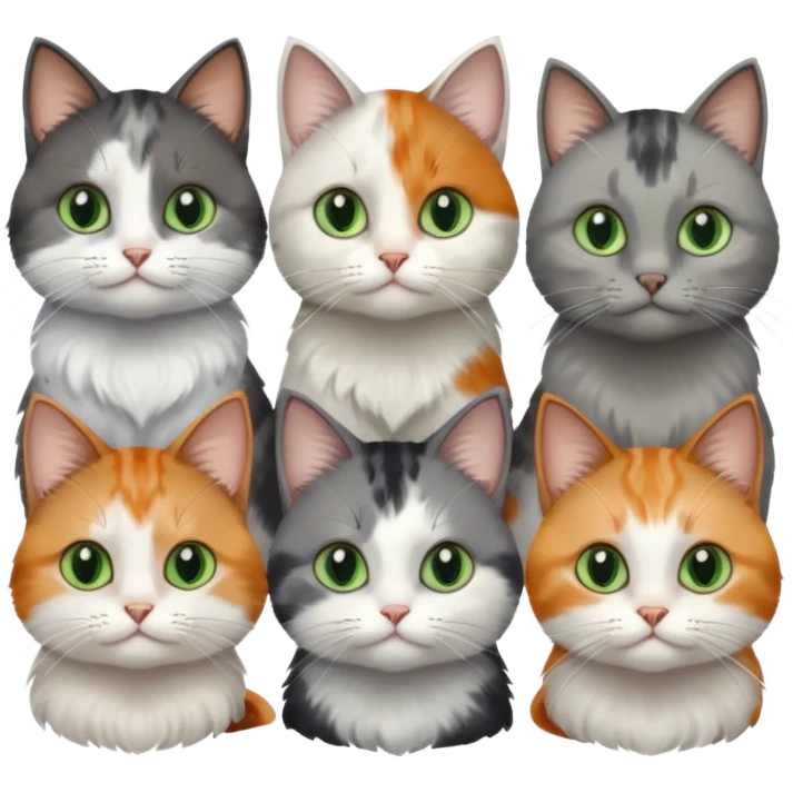 6 realistic looking cats with different natural coloured coats, assorted grey and white, greys, calico, brown and white colours etc
 emoji