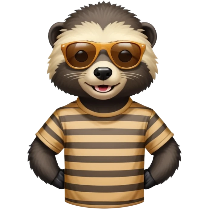 friendly anthropomorphised honey badger, close crop showing head, neck, and top of t-shirt with a striped design, wearing sunglasses emoji