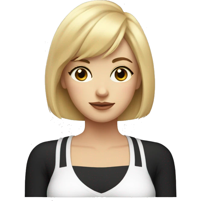 Mom with shorter blond hair and bangs laying with black kitty with white chest emoji