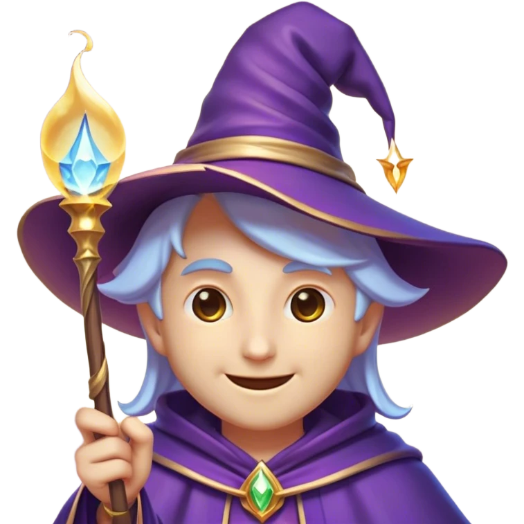 Clash of Clans aesthetic Playful Mage Portrait Emoji, Head tilted with a mischievous glimmer and subtle enchanting smile, featuring a compact, gracefully robed form with a pointed wizard hat and twinkling eyes in natural skin tone, Simplified yet irresistibly charming features, highly detailed, glowing with a warm, inviting magical glow, high shine, spirited and imaginative, stylized with a touch of whimsical sorcery, soft glowing outline, capturing the essence of a playful mage exuding friendly arcane wonder! emoji