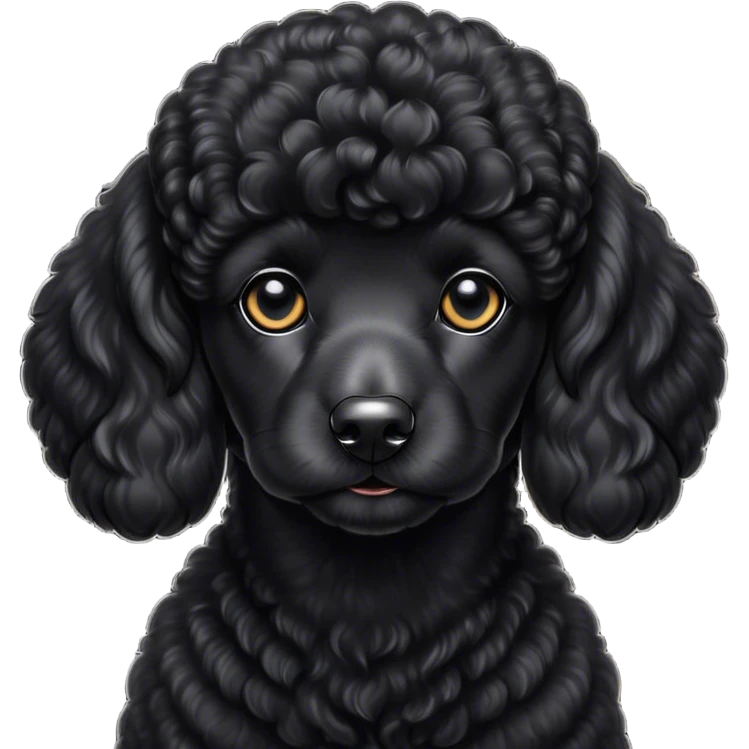 Cinematic Noble Black Poodle Portrait Emoji, Poised and regal, with a refined, elegant build and a meticulously groomed, curly jet-black Fur, deep-set soulful dark eyes, Simplified yet sharp and sophisticated features, highly detailed, glowing with a soft, dignified glow, high shine, intelligent and graceful, stylized with an air of sophistication, focused and attentive, soft glowing outline, capturing the essence of a watchful and confident companion, so majestic it feels as though it could prance out of the screen with effortless authority! emoji