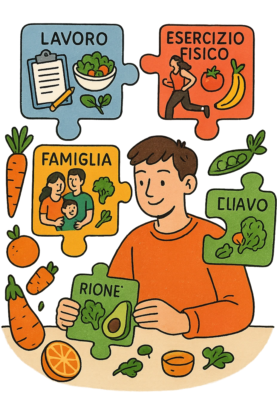 a person is surrounded by puzzle pieces, each representing a different aspect of their life (work, exercise, family, leisure), and healthy foods are integrated into each piece. The person assembles the puzzle, creating a complete, personalized nutrition plan. The mood is uplifting and creative. in italiano emoji