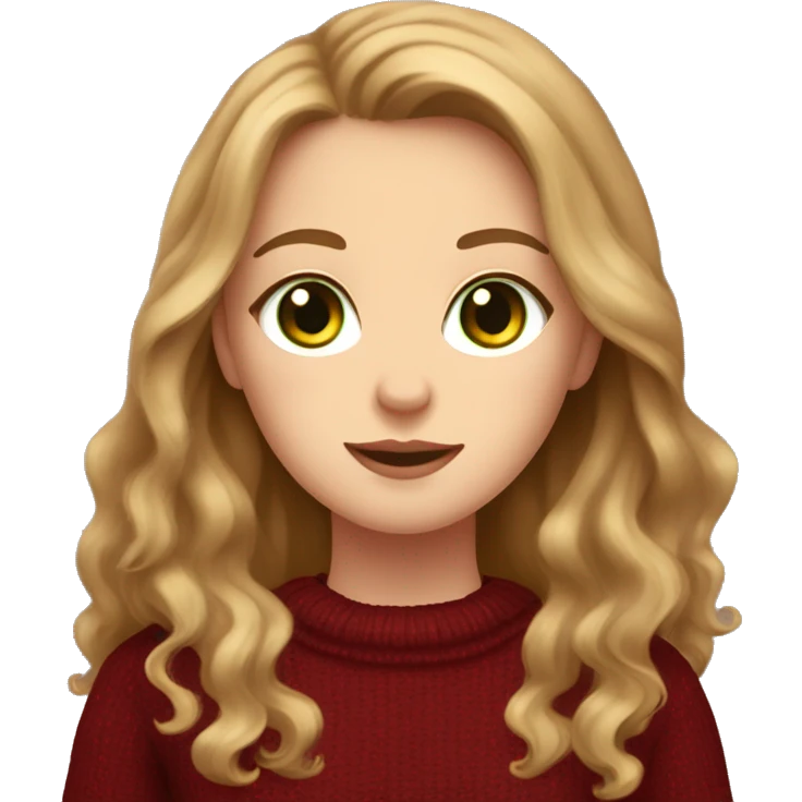 White girl with green eyes and long light brown wavy hair wearing a dark red sweater and holding a tortoiseshell cat emoji