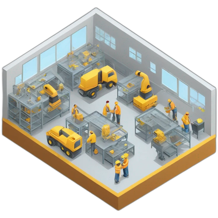 isometric square transparent solid outline border containing indoor factory people actively working emoji