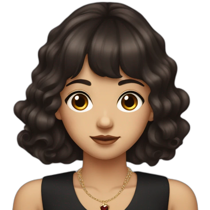 young woman with long dark red brown hair that is wavy with bangs parted to the sides and dark brown eyes. She wears a sleeveless black flapper dress with a cross necklace emoji