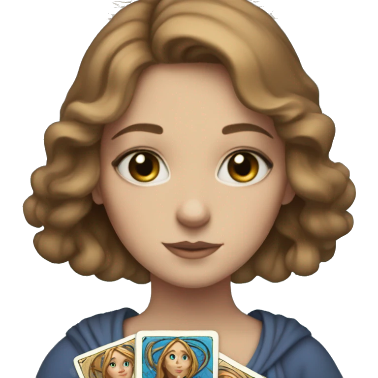 Girl with medium light brown hair and blue eyes with tarot cards in hands emoji