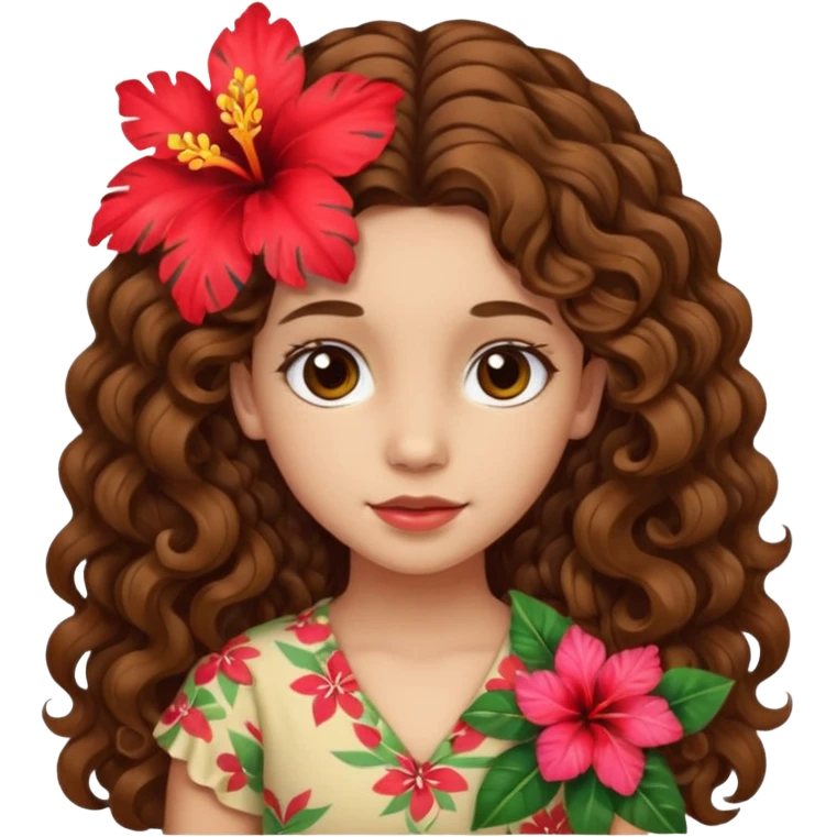 Chica morena clara de ojos marrones cabello rizado largo de lado y una flor hawaiana en el cabello  emoji