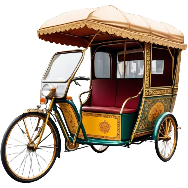 Cyclo rickshaw – Cinematic Realistic Cyclo Rickshaw, depicted as a charming, ornately painted three-wheeled cycle taxi with vintage detailing, set on bustling city streets under dynamic urban lighting that evokes cultural heritage and nostalgic charm. emoji