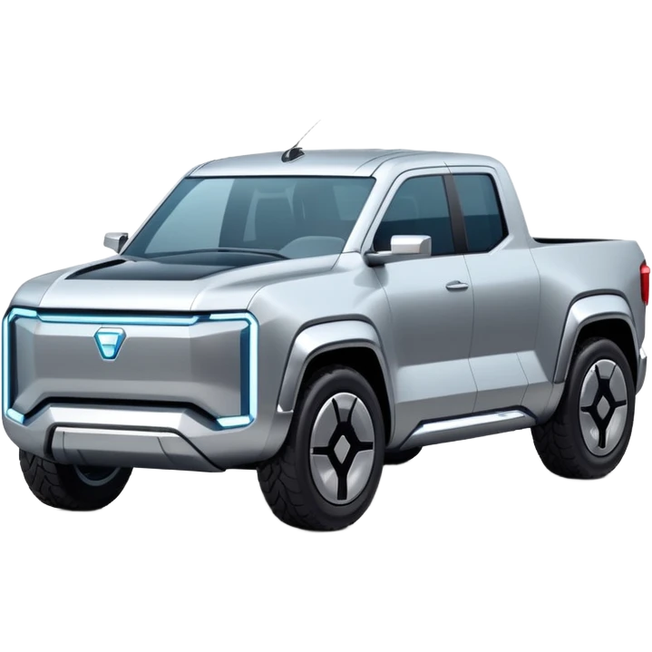 A futuristic electric pickup truck emoji, silver chrome body, angular cyber design, smooth metallic panels, subtle reflections, minimalistic proportions, iOS emoji style, centered composition, clean white background, soft lighting emoji