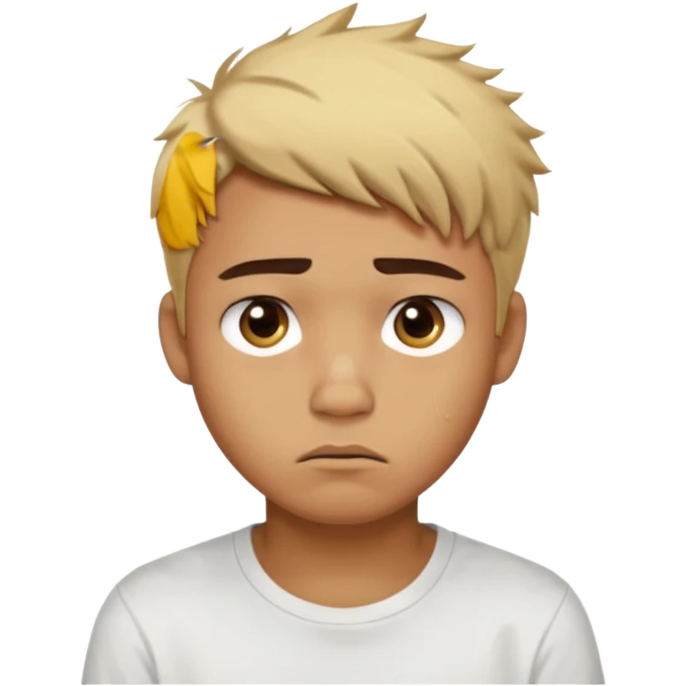 caramel skin color. Teen age. Short buzz, messy blonde hair, dark brown bushy eyebrows large expressive golden-brown eyes, brown skin color, scar over nose, wearing a plain white t-shirt. Disappointed thinking facial expression. caramel skin color. 20 year old male. emoji