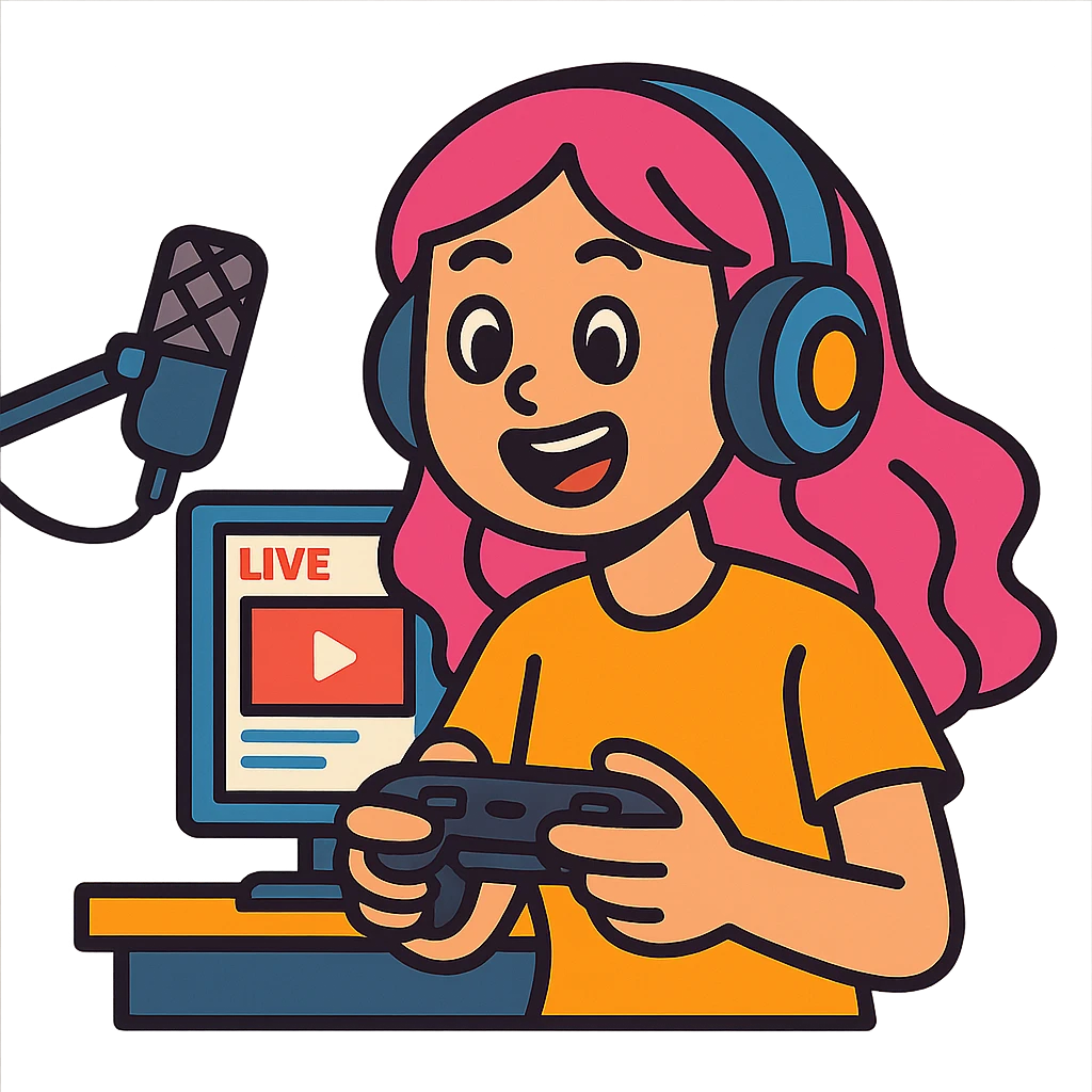 girl with pink hair wearing headphones, holding a game controller, streaming setup, vibrant and expressive emoji