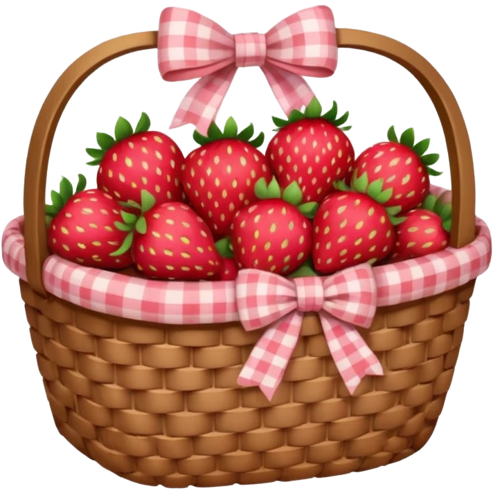 Cottagecore strawberries in a basket, with a pale pink plaid cute ribbon. No emoji faces, no emoji icons emoji