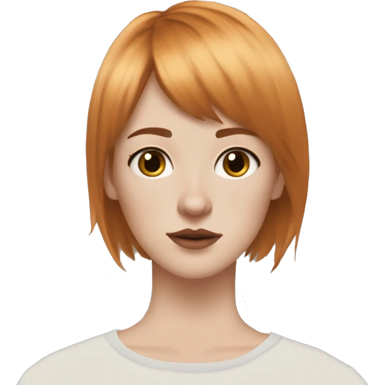 White fair skin, woman, feminine, straight hair in a wolf haircut, ginger coloured hair, grundge aesthetic, beautiful face, British, stylist, aesthetic, side bangs, front bangs emoji