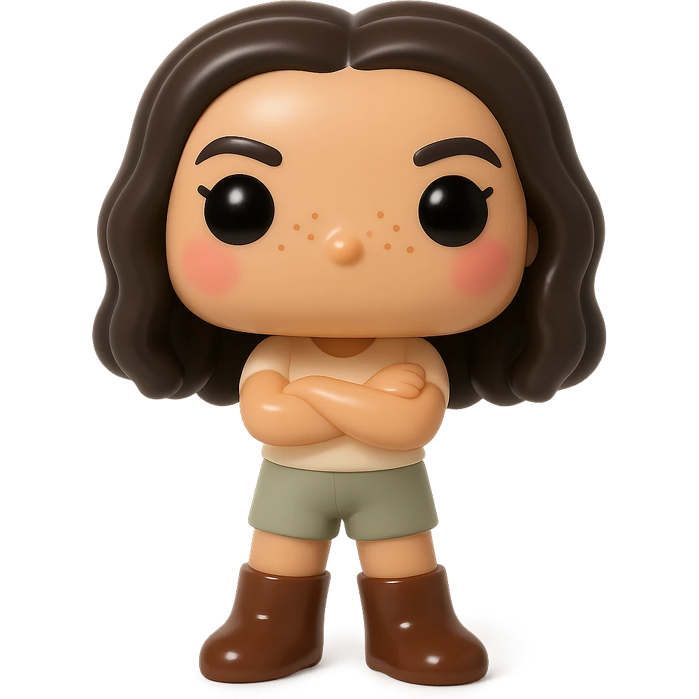 Funko Pop style vinyl figure, enhanced version: superior quality, smooth tanned skin, detailed dark hair, textured clothing with cream top and greige bottoms, dark greige leather boots clearly visible, arms crossed, rosy cheeks, very discreet freckles, mischievous and cheerful expression, no mouth, transparent background. emoji