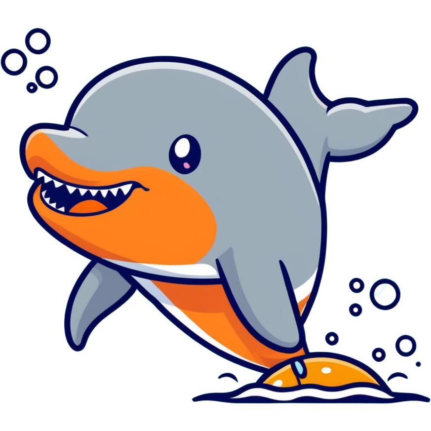 A dolphin jumping out of the water to catch an orange MnM above its head emoji