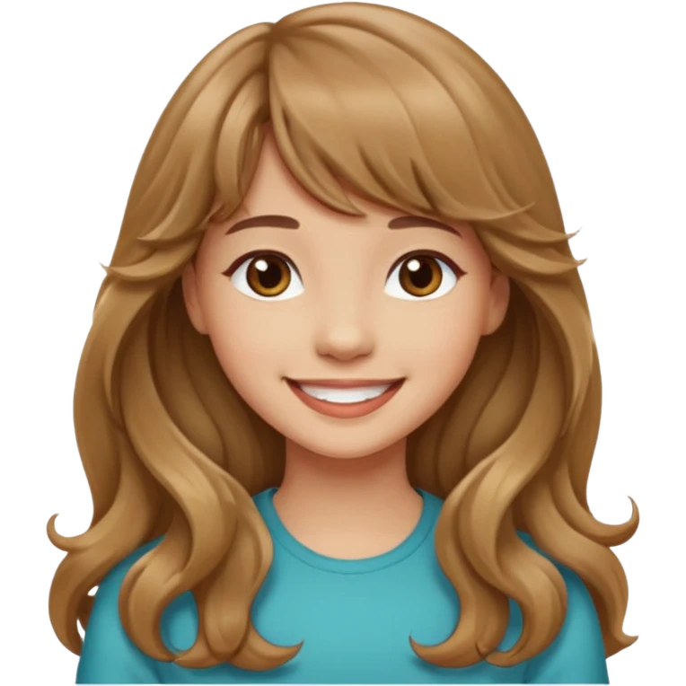 Please generate a portrait of a pretty girl with long, wavy, light brown hair and bangs, she's smiling. emoji