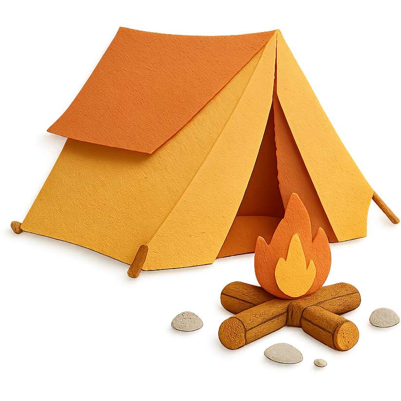 camping tent with campfire, paper craft style, delicate paper layers, naturalistic pose, logs and stones around the fire emoji